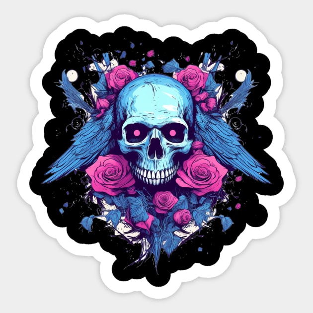 Skull with Wings and Flowers Sticker by TOKEBI